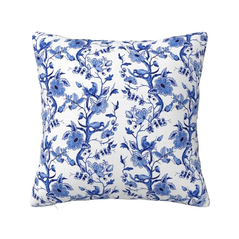 

Chinoiserie Birds On Branches Stylized Floral Pillow Decorative Delft Blue Nordic Cushion Cover Velvet Pillowcase