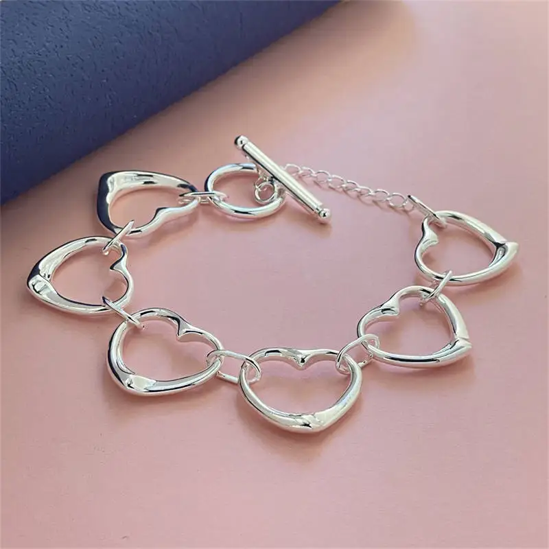 925 Sterling Silver Six Heart Chain Bracelet For Woman Charm Wedding Engagement Fashion Party Jewelry Gifts