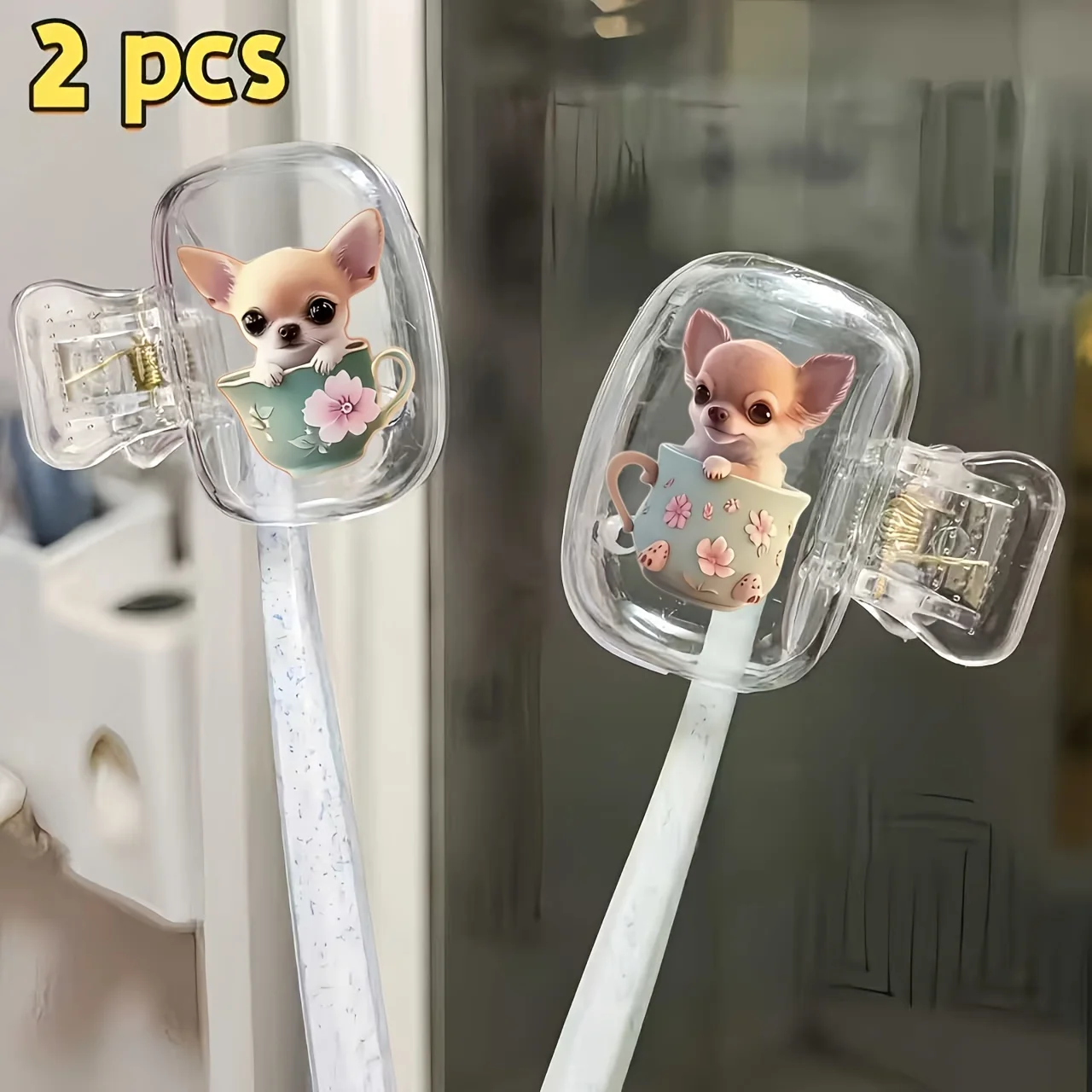 2pcs Chihuahua Portable Toothbrush Head Clip Ideal for Bathroom Use Prevent Dirt Necessities Gift for Women Ladies Girls