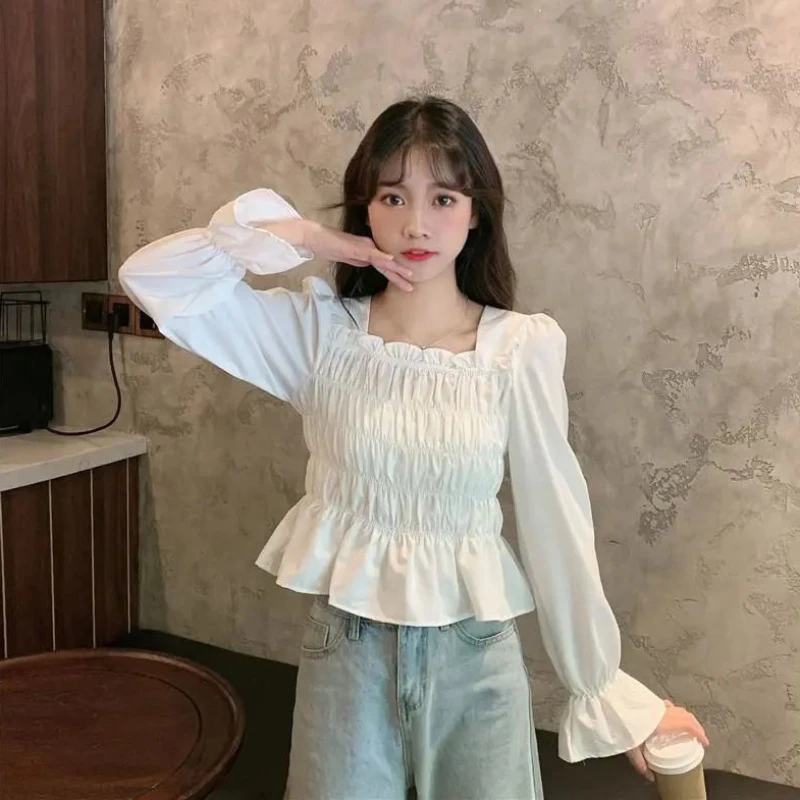 

Blouses Women Ruffles Chic Design Elegant Lady Solid Harajuku Soft Blusas Crops Fashion Temperament Spring Long Sleeve Casual