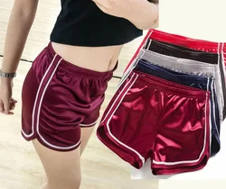 Womens Summer Casual Beach Slim Ladies Striped Satin Silk High Waist Waistband Shorts Black Silver Wine Red Shorts