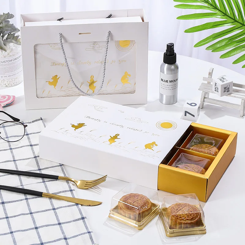 10 20 PCS Mooncake Packaging Box Mid-Autumn Egg Yolk Crisp Snow Skin Flow Gift Tote Bag Gold Rabbit Pastry Business Wholesale