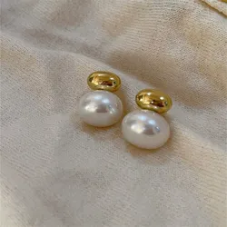 Earring French Elegant Gold Color Bean Spliced Flat Pearl Earrings for Korean Fashion Jewelry Party Women's Sweet Accessories