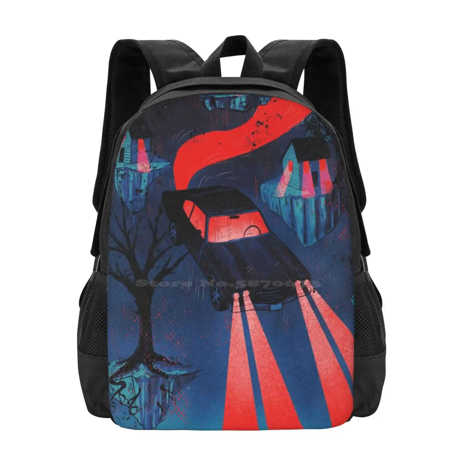 Take A Ride Hot Sale Backpack Fashion Bags Car Surreal Creepy Horror Lights Houses Trees Magic Supernatual Red Blue Sky Flying