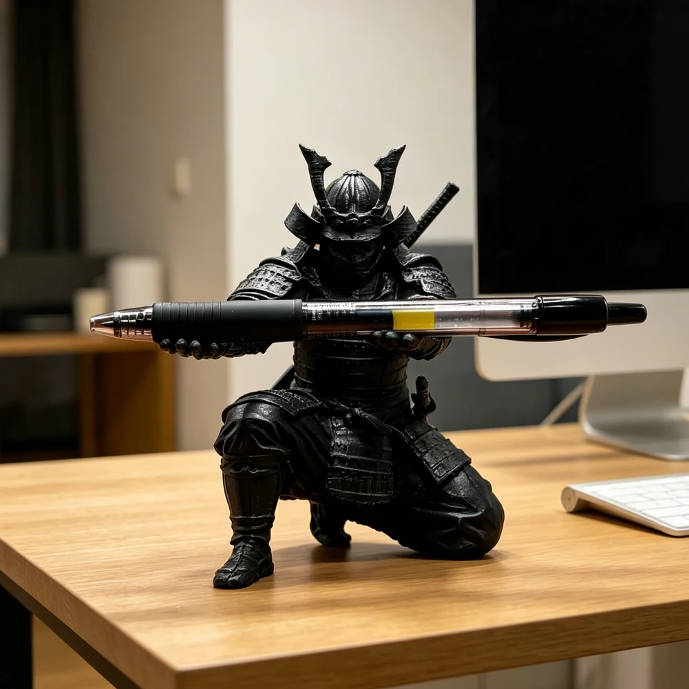 3D Printed Kneeling Samurai Pen Holder Japanese Warrior Pencil Rest Bushido Figurine Desktop Stationery Stand Office Desk Decor