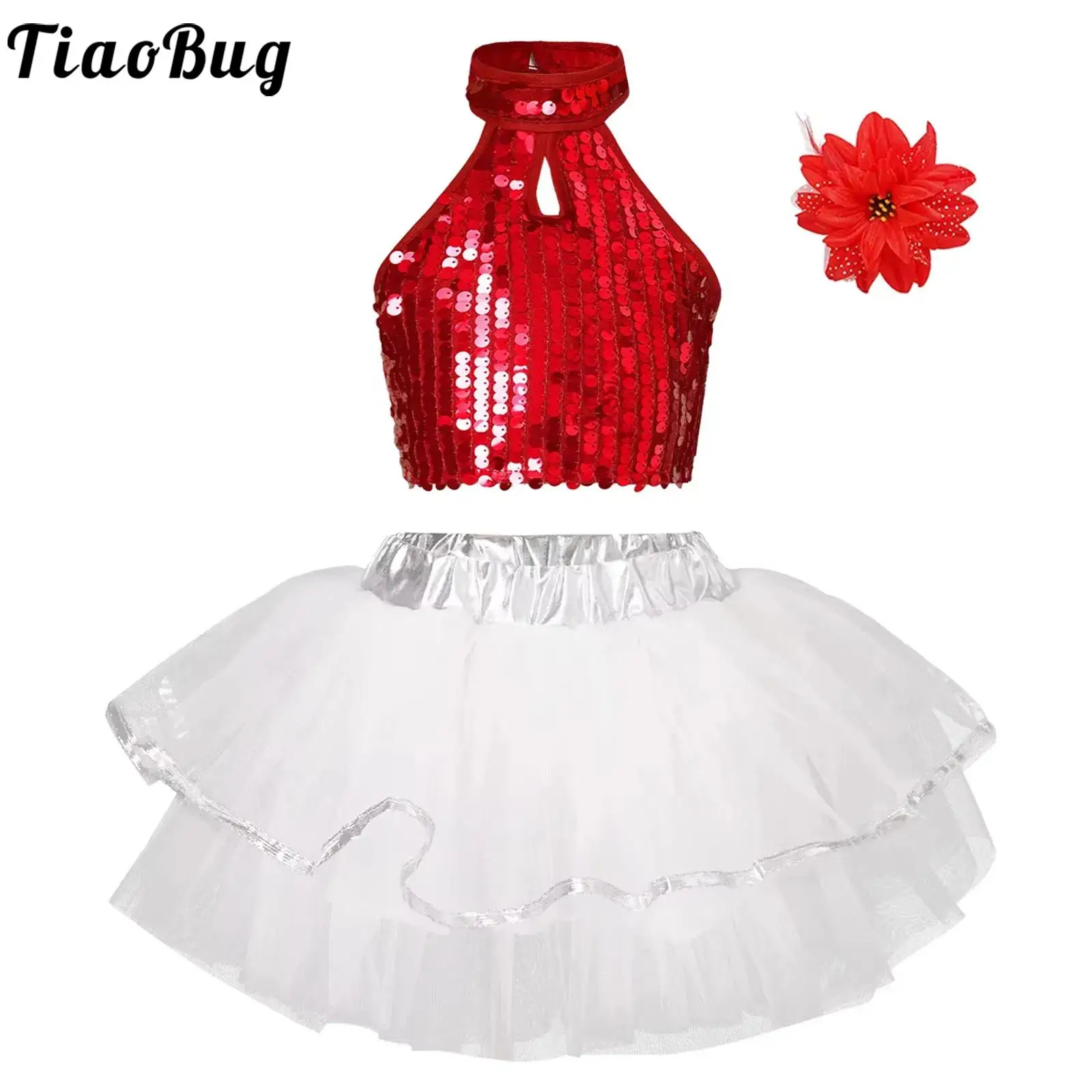 

Children Jazz Dance Costumes Girls Sequin Hip-Hop Modern Dance Tutu Skirt with Crop Top Set Ballet Dancing Performance Outfit