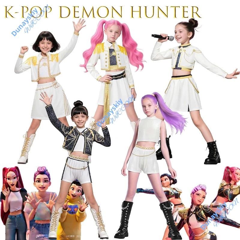 Руми Мира Косплей Костюм KPop Dem on Hunter Girl Group Золотой комплект одежды поп-певицы с 3D принтом Хэллоуин Рождество Полный комплект