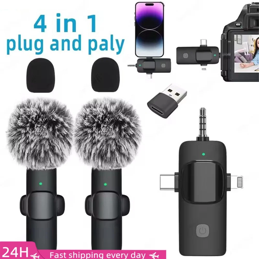 

Professional 4 In 1 Wireless Lavalier Microphone for iPhone Android 3.5mm for Radio Live Recording Noise Reduction Mini Microph