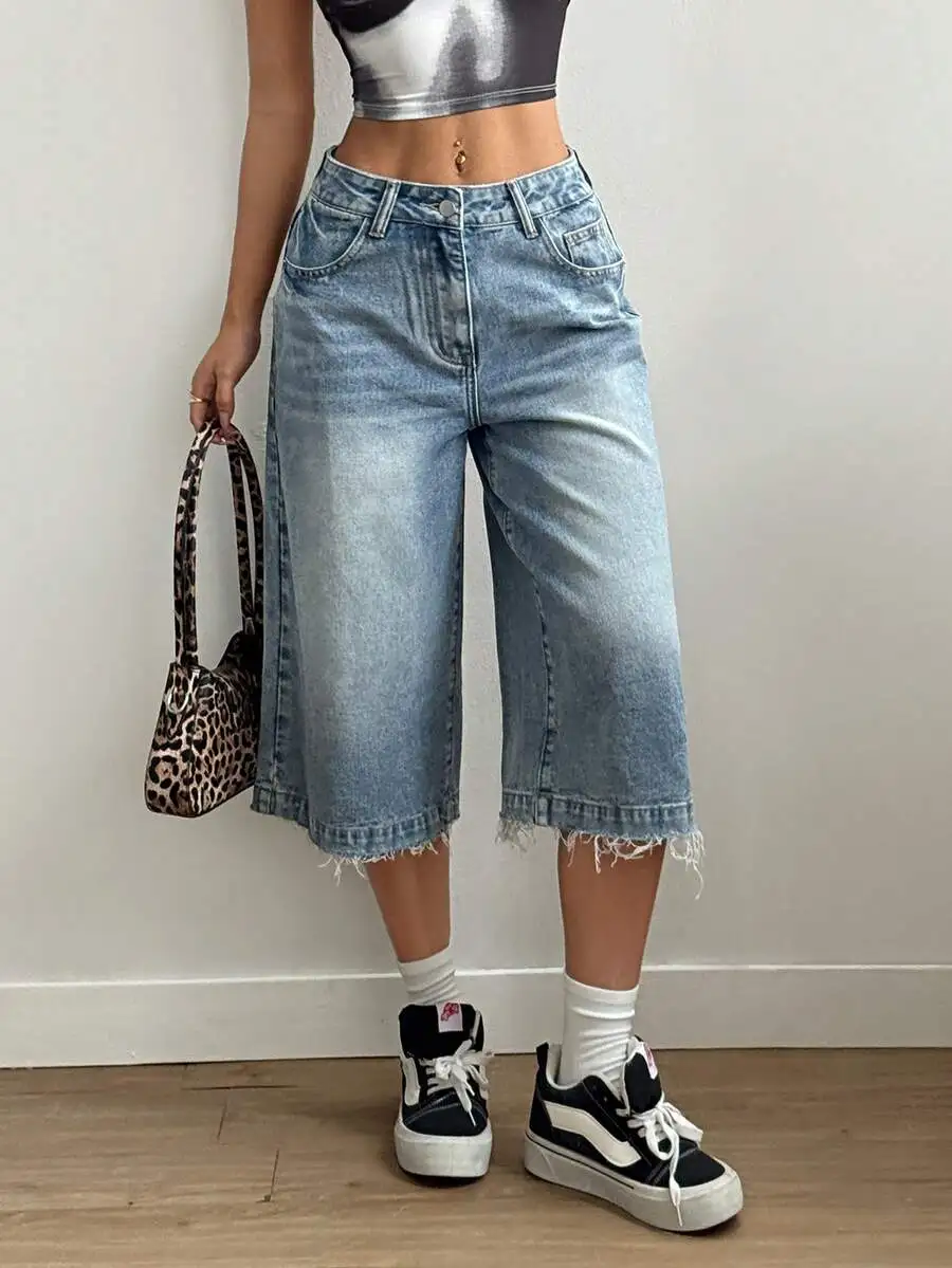

Womens Frayed Hem Loose Casual Denim Shorts