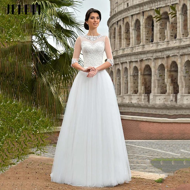 JEHETH Elegant Scoop Neck A-Line Wedding Dresses Appliques Lace Bride Gowns Half Sleeves Back Lace Up Tulle vestidos para mujer