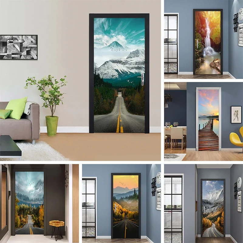 

3D Road Landscape Door Stickers Natural Scenery Home Bedroom Wallpaper Decal Removable Waterproof Self Adhesive Poster Mural
