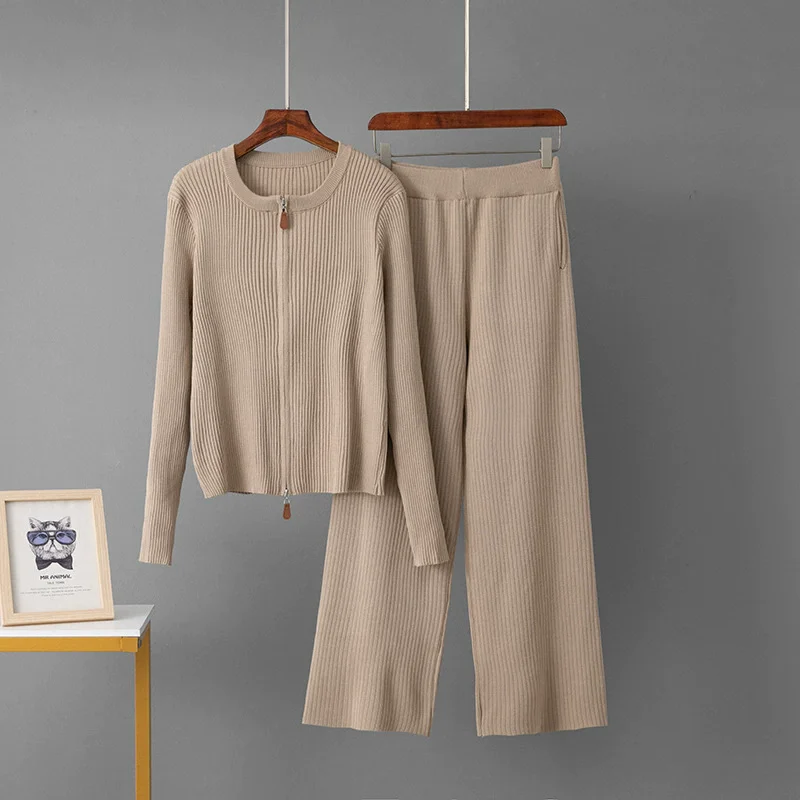 Herfst Winter Nieuwe Gebreide 2-delige sets Vrouwen O-hals Rits Lange mouw Trui Tops Conjuntos Hoge Taille Rechte Broek Outfit Nieuw