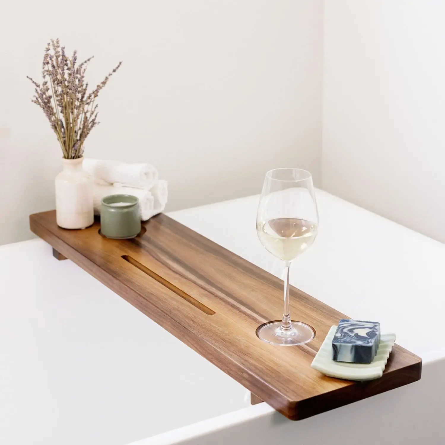 

Large Acacia Wood Bathtub Tray with Adjustable Legs, Phone Slot & Candle Holders for Freestanding Tubs
