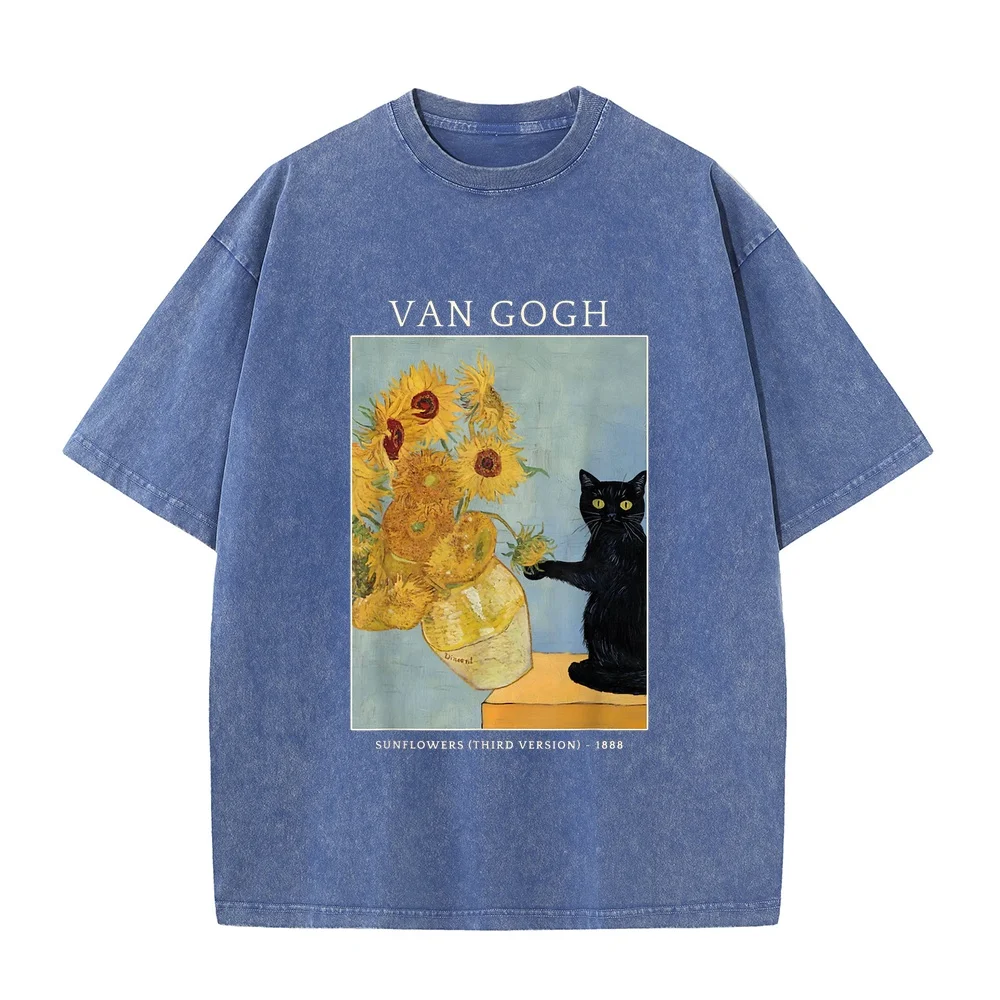 Funny Cat & Suowers Van Gogh Art Parody Vintage T-Shirt Oversize T-Shirts Designer Men's Brands 100 Casual T Shirt Kitten Tee
