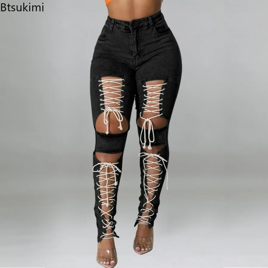New Women's Summer Helosis Drawstring Jeans Pants Sexy Low Rise Denim Pants Tight Fitting Leggings Fashionable Streetwear Pants