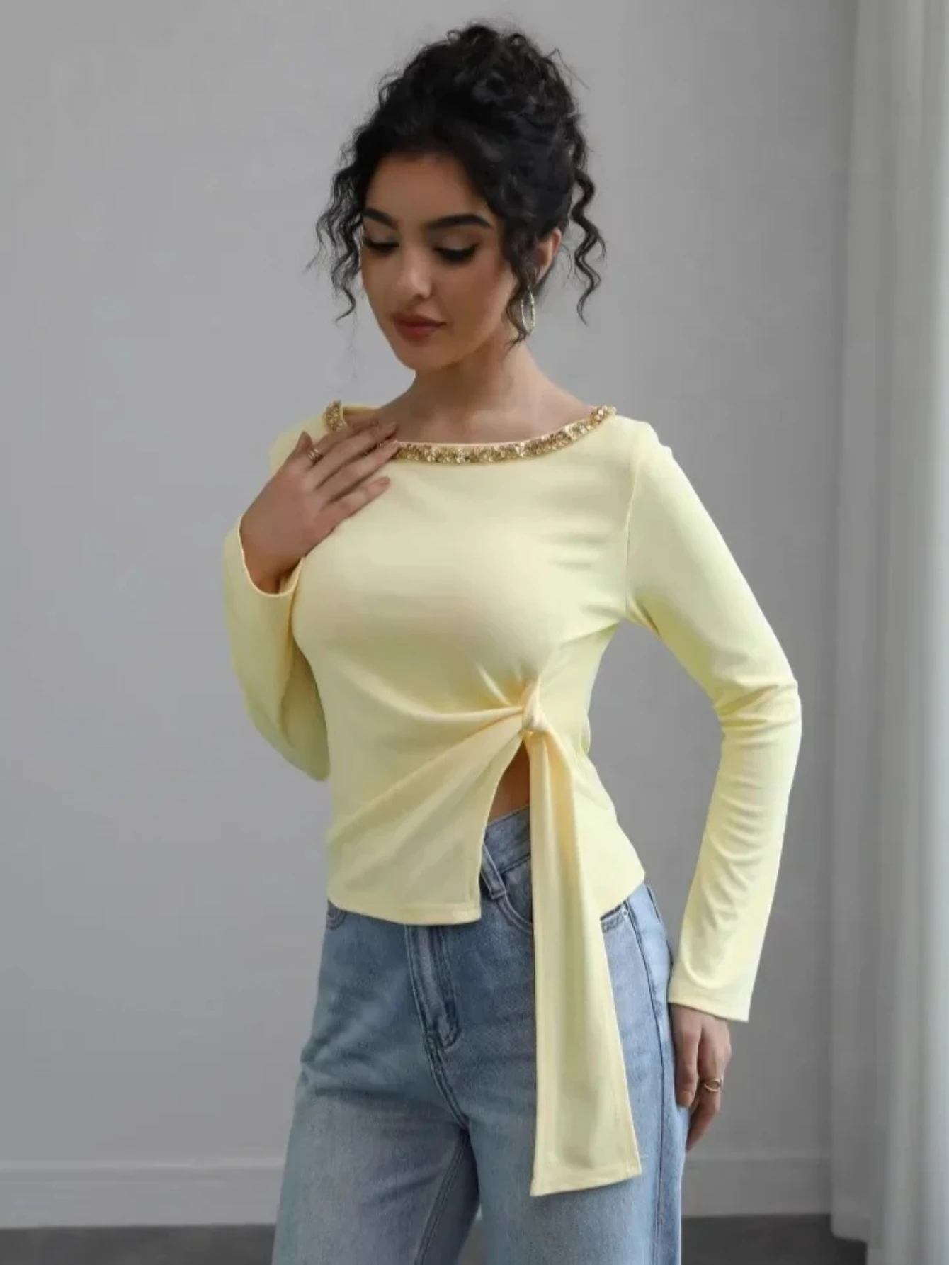 

Slim Fit Sequin Belted Asymmetrical Women's T-Shirt Casual Design Sensation Cross-Border Fashion Full Sleeve