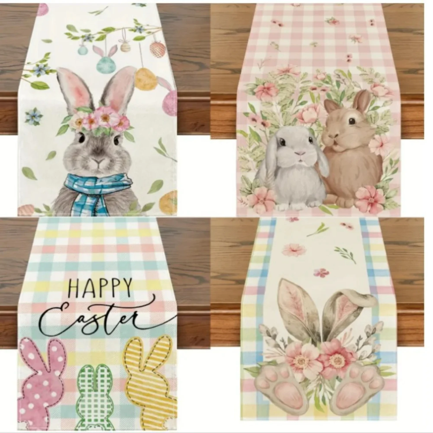 Floral Bunny and Cow Printed Linen Easter Table Runner, Vibrant Flower Design, Ideal for Coffee Table, Picnic or Party Decor, Un