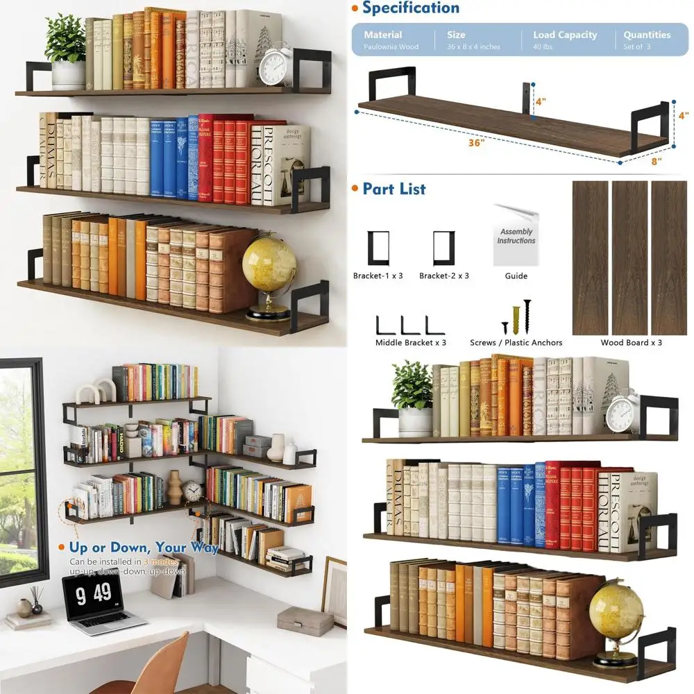 

Set of 3 Rustic 36 Long, 8 Deep Floating Shelves for Wall, Ideal for Bedroom, Living Room, and Office Storage