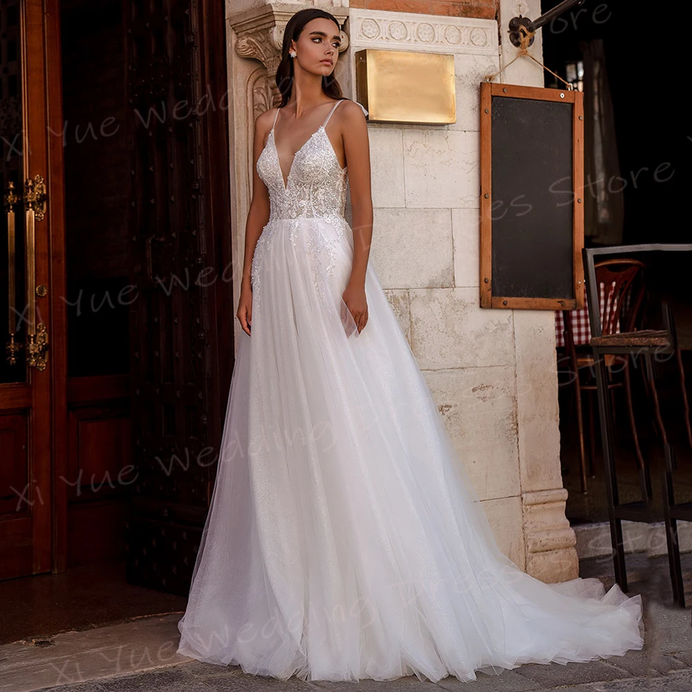 Vestido De novia De corte en A para mujer, traje Sexy bohemio, elegante, con Apliques De encaje, moderno, con tirantes finos, sin mangas