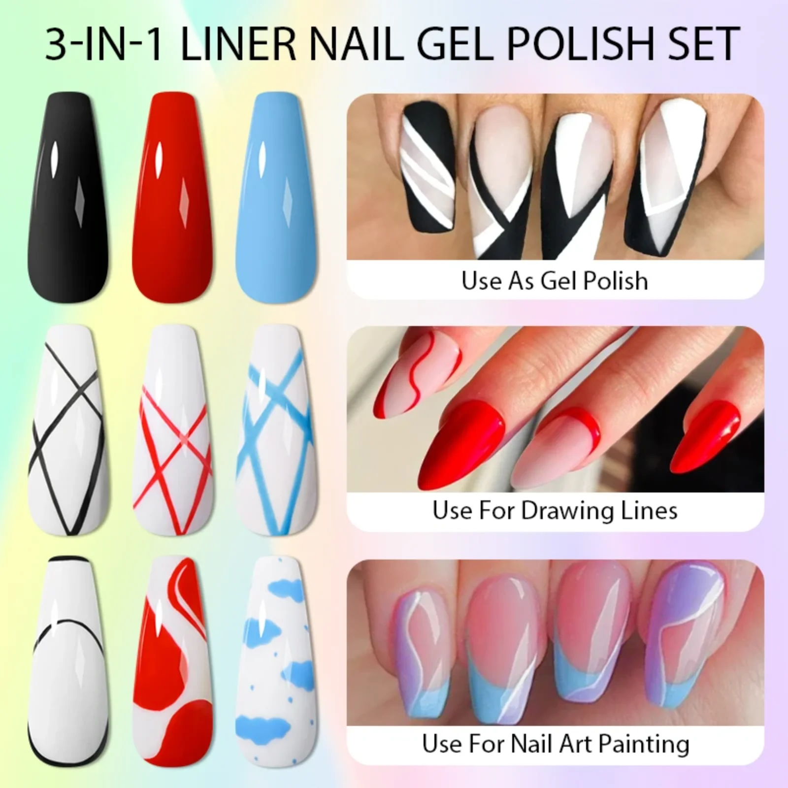 4pcs 3-IN-1Liner Gel Nail Polish Set 10ml Glitter Pull Line Graffiti Painting Stripe DIY Nails Design Painting Gel Nail Supplies