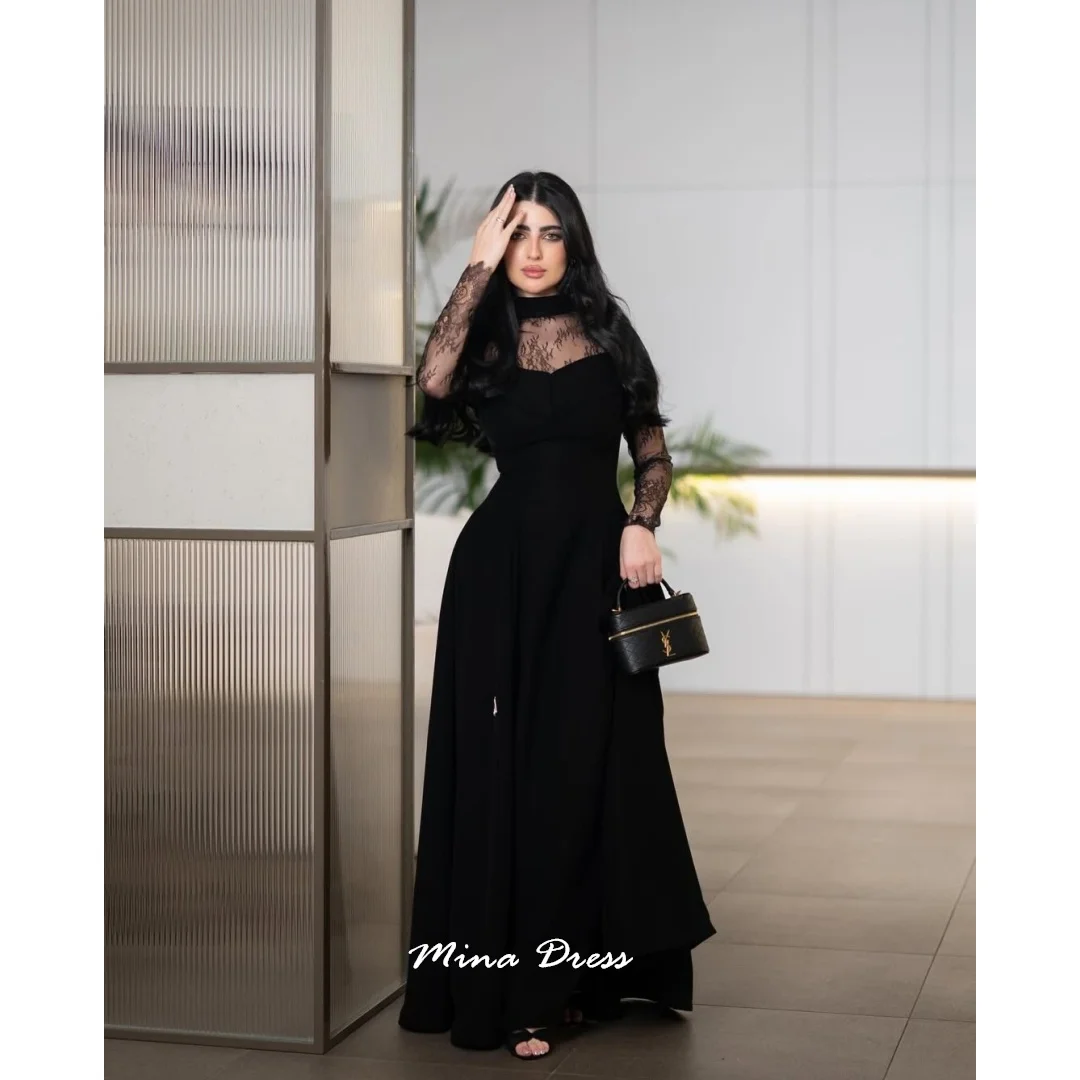 

Mina Customized Black Luxurious Women's Evening Dresses for Formal Occasions Lace Long Sleeves Elegant Gowns Round Neck Party