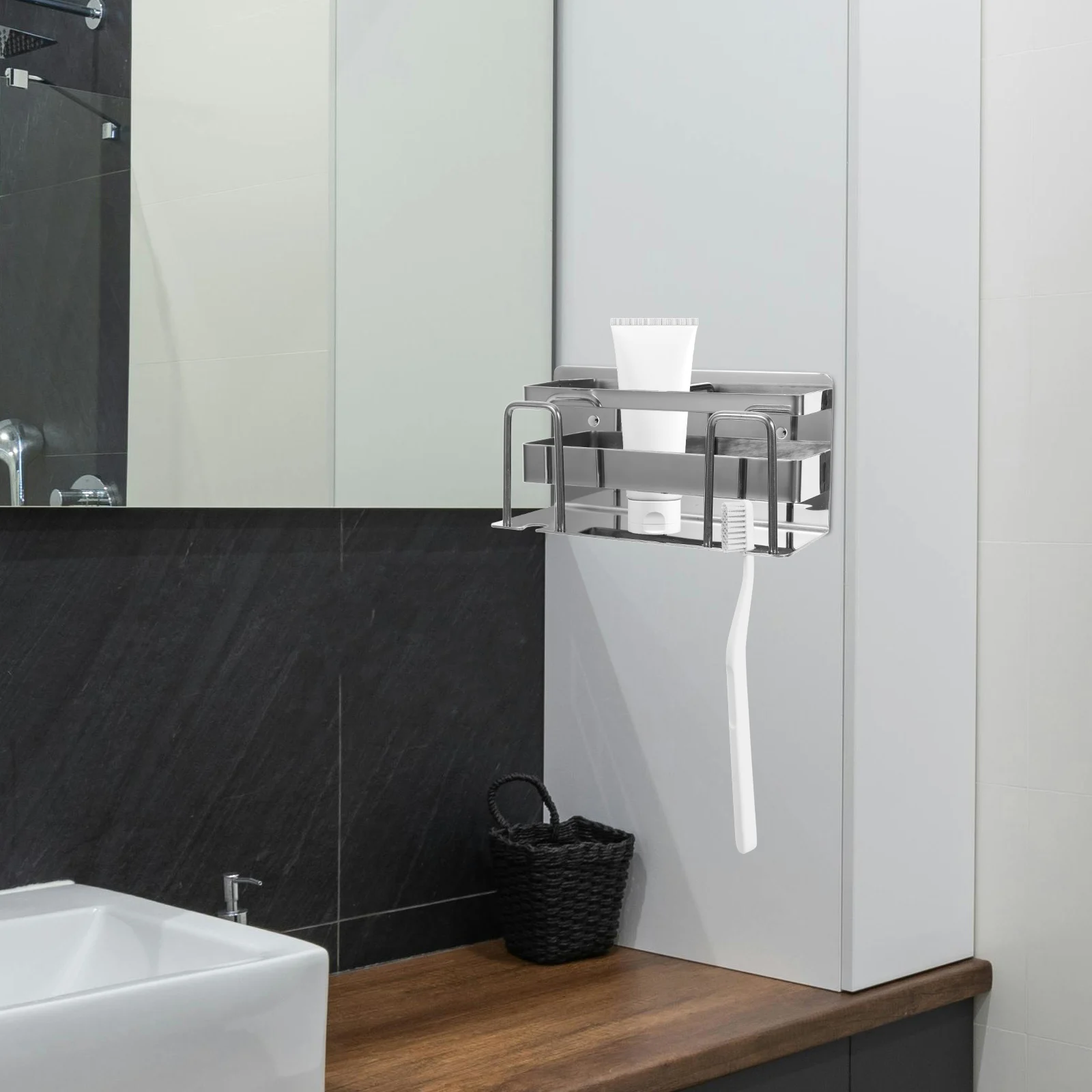 

Toothbrush Holder Stainless Steel No Drill Wall Mounted Bathroom Organizer Stand For Toothbrush Cup Razor Storage Home
