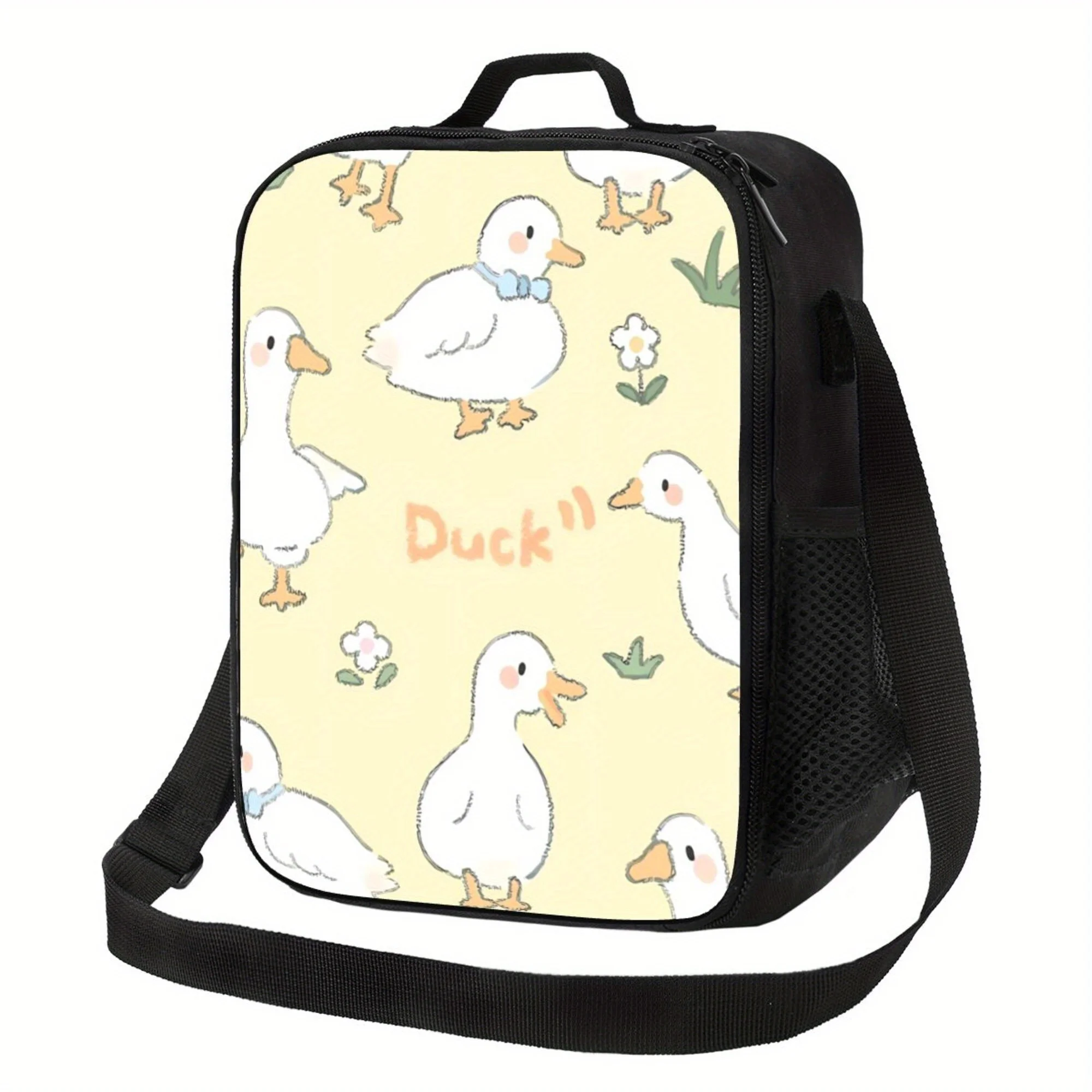 

A Portable, Reusable Cooler Bag with a White Duck Pattern, Perfect for Camping, Picnics, And Beach Outings. Suitable for
