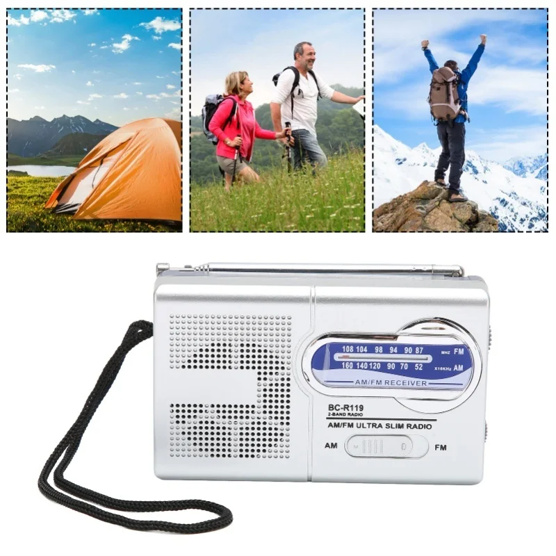 Portable Pocket Radio AM/FM Multifunctional Classic Silver Grey Battery Operated Radio For Home Hiking Cycling Travelling