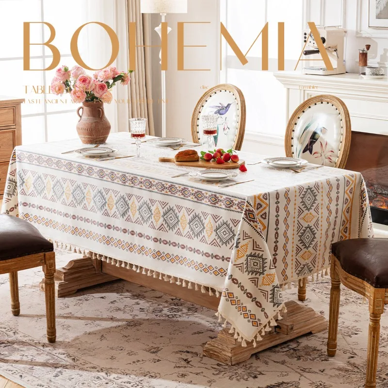 Bohemian Tablecloth Waterproof Oil-Proof PVC Coated Non-Slip Dining Table Cover Dirt Resistant Table Protector Home Kitchen