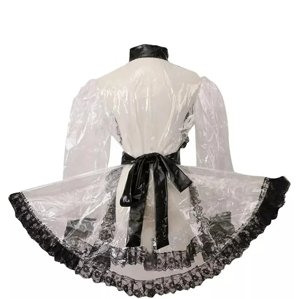 Sexy Sissy Lockable Girl Clear Color PVC High Neck Lace Dress French Maid Cosplay Outfit Adult Custom Carnival Festive Costumes