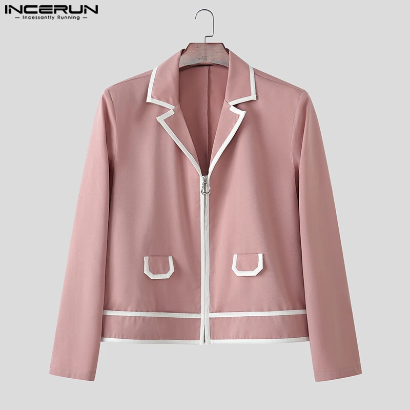 

INCERUN мужские куртки в стиле пэчворк с лацканами и длинными рукавами на молнии повседневные мужские пальто уличная одежда 2025 свободная модная верхняя одежда для отдыха мужская