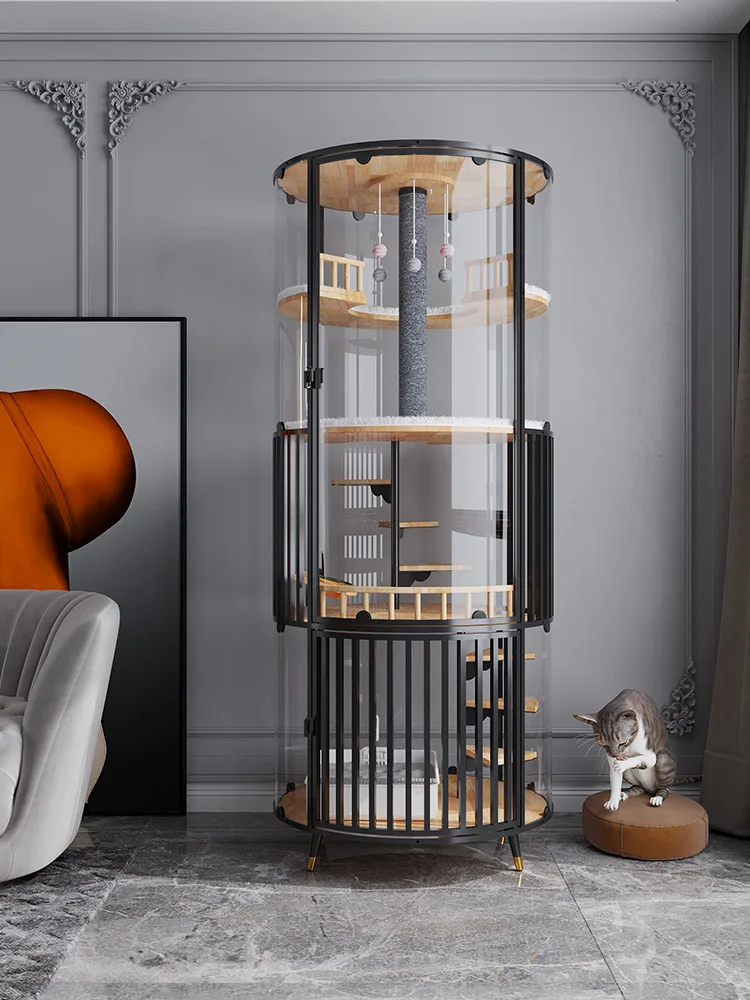 

Round Cat Cage Villa, 360 Panoramic Display, High Transparent Glass, Luxury Solid Wood, Cat House