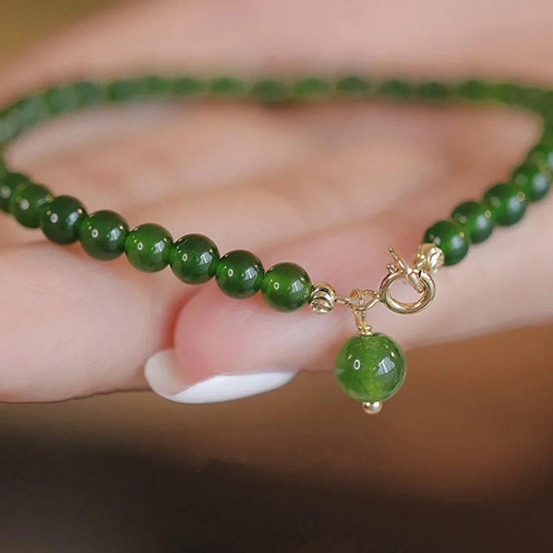 Minar Chinese Style 14K Real Gold Plating Copper Green Color Chalcedony Agate Natural Stone Beaded Strand Bracelets for Women