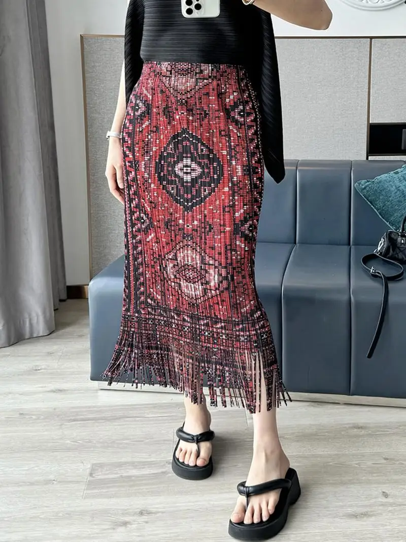 

High Waist Pleated Skirt Women's Retro Tassel Print Spring Summer Bodycon Skirt Straight Cut Long Skirt Three Houses Style