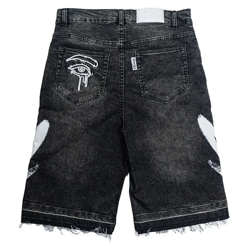 New Harajuku lettera ricamo Jeans neri per uomo Hip Hop Vintage Baggy Shorts per uomo Casual Gym Denim Shorts Streetwear