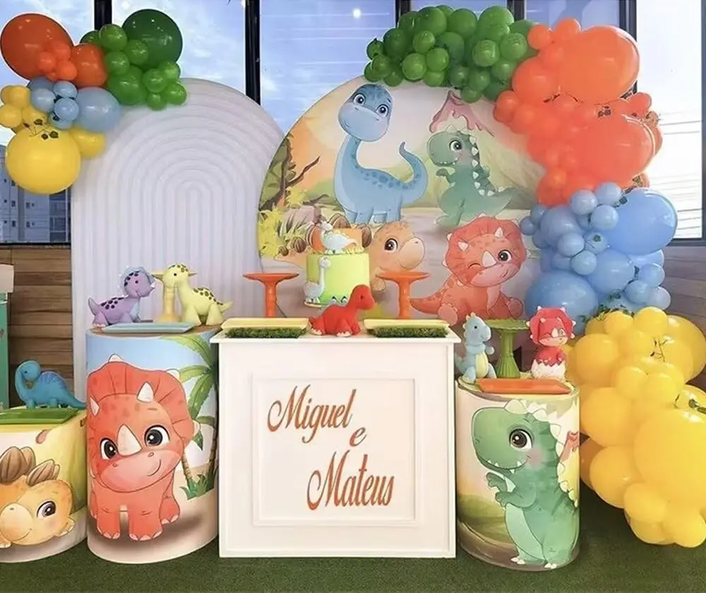 오렌지 만화 공룡 실린더 받침대 커버, 생일 파티용 신축성 받침대 원단 커버, 베이비 샤워 파티 식탁보