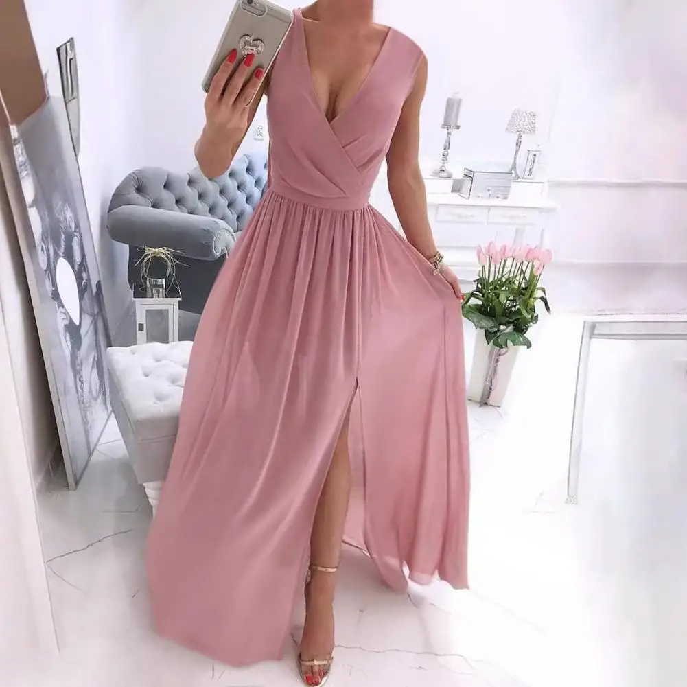 Loose Fit Dress Nipped-in Waist Dress Elegant V Neck Pleated Maxi Dress for Women Floor Length Evening for Wedding for Special