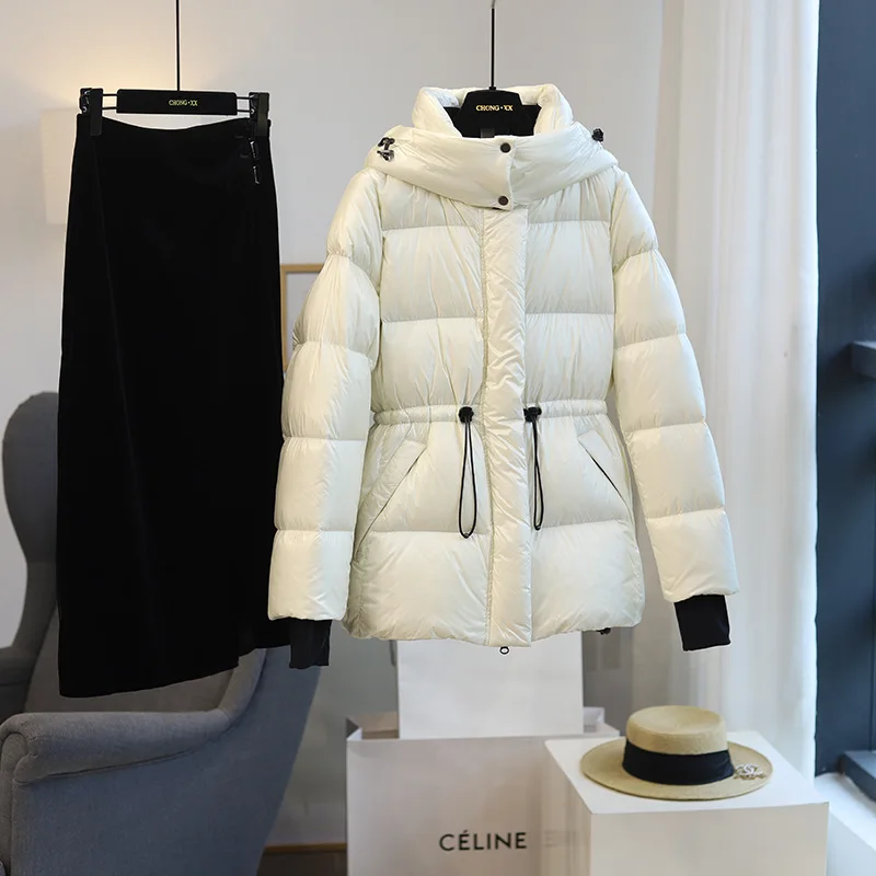 G91811~Cold Resistance-15Degree！90White Goose down Thickened Warm Waist Trimming Short Hooded down Jacket Coat Autumn and Winter