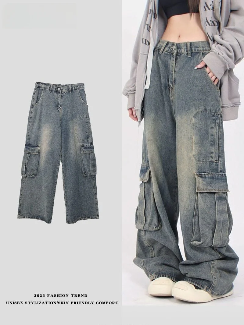 

Retro Washed American Style Men's Jeans Casual Workwear Pants Multi-Pocket High Street Loose Fit Youth Fashion All Seasons