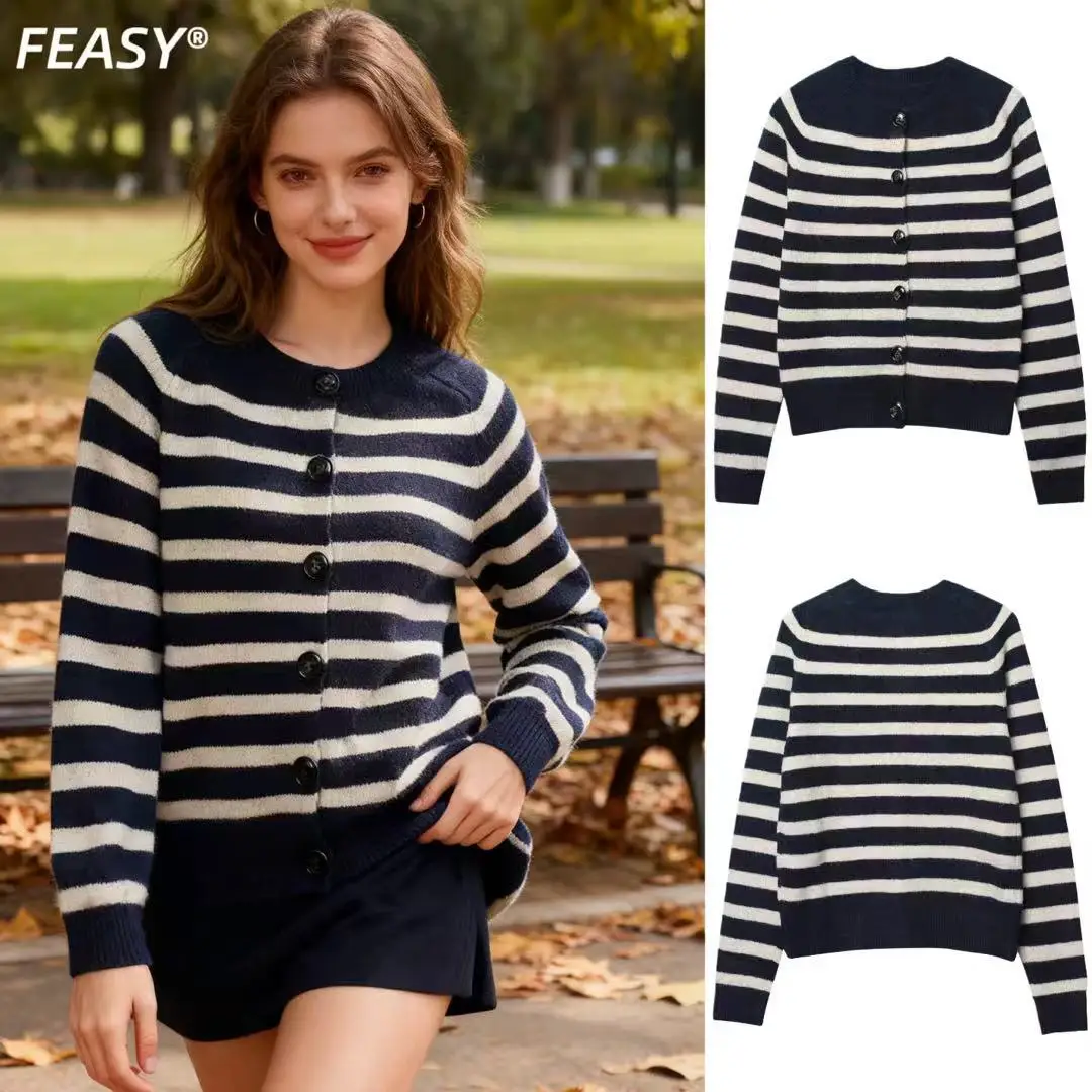 سترة نسائية مخططة للخريف كاجوال عصرية متعددة الاستخدامات برقبة دائرية سترة فضفاضة للاستخدام اليومي بأكمام طويلة #3