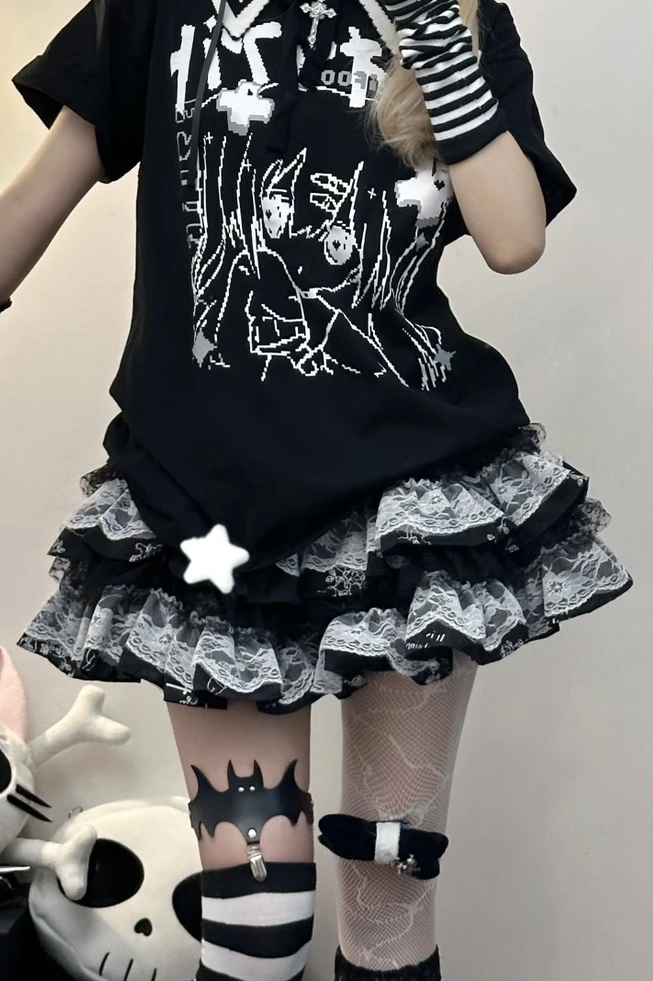 Harajuku Japanese Y2k Multi Layers Cake Skirts Women Subculture Punk Gothic Print Vintage Lace-trimmed Puffy Mini Skirt Black