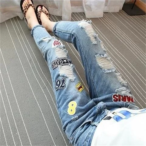 Embroidery Streetwear Casual Ripped Jeans Women Spring Summer Autumn New Fashion High Waisted Denim Pants Woman Cheap Wholesale