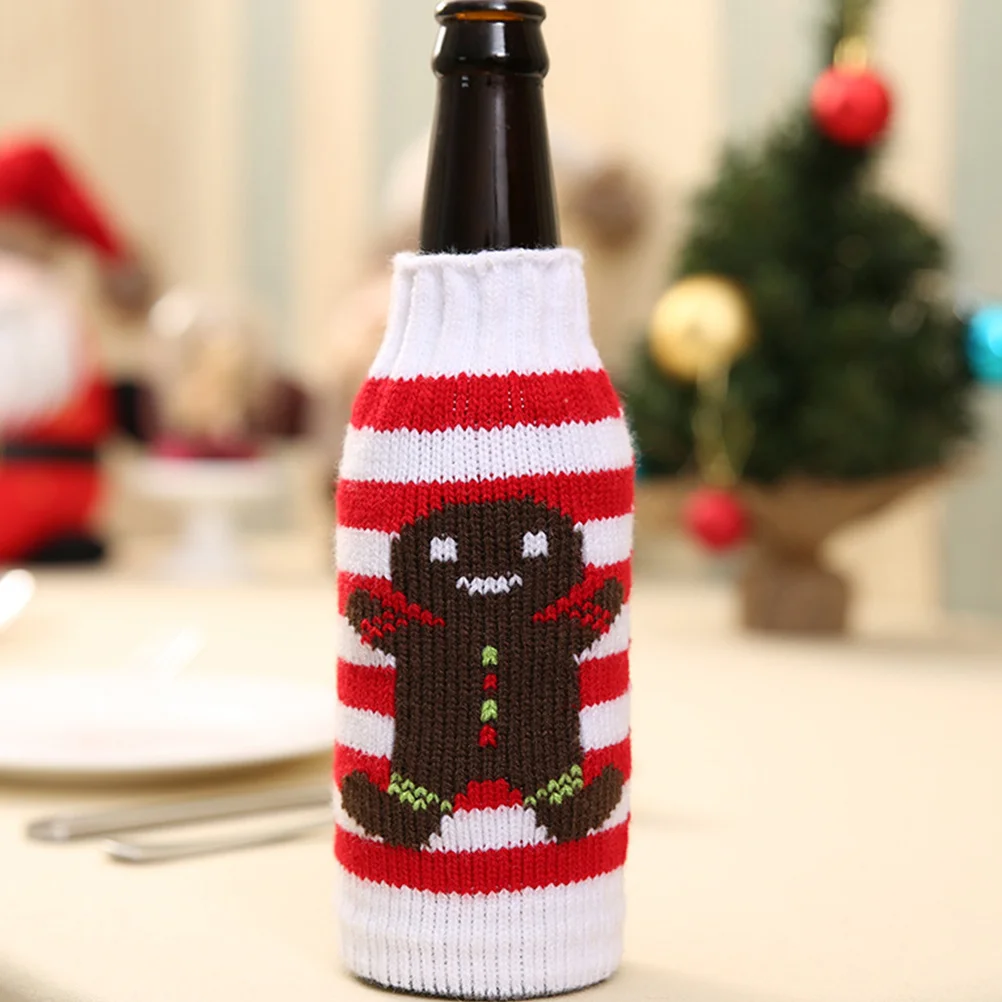 

4Pcs Christmas Bottle Cover Knitted Wine Bag for Beer Decor Party Use Reusable Holiday Gift Pouch Snowflake Elk Design