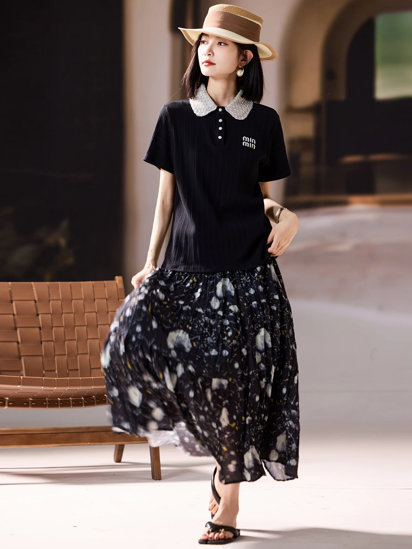 

Summer New Sle Women's Knitted ort Sve T-irt Turn-down Collar Bead Embellied Loose Fit Cotton Blend Streetwear