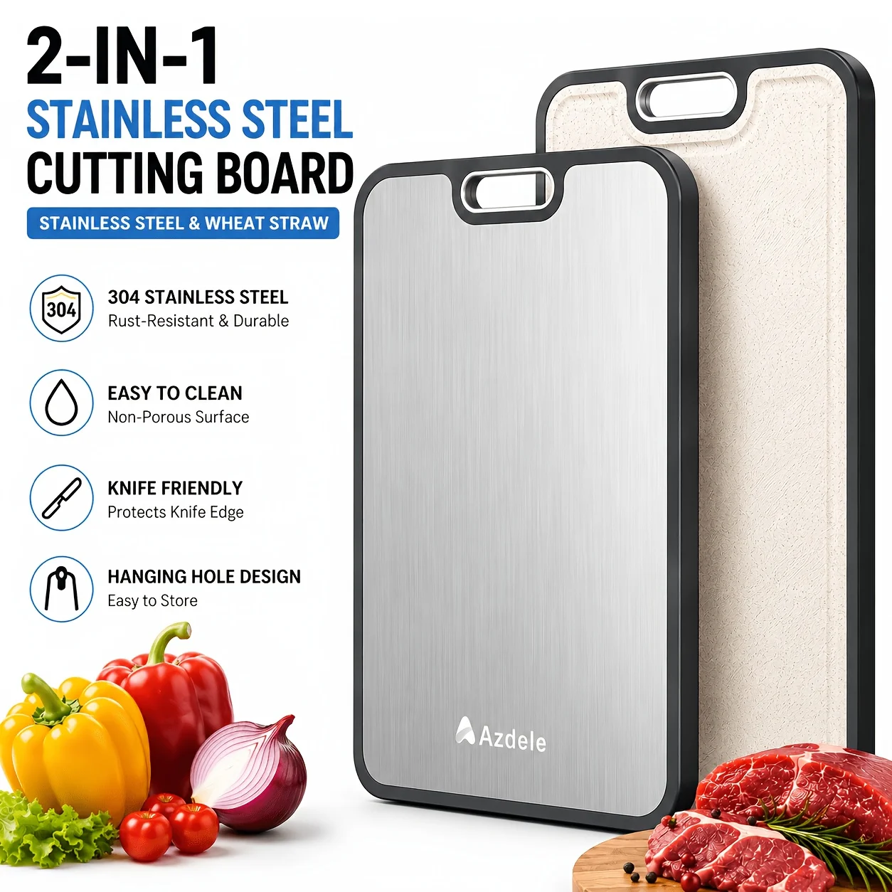 304 Stainless Steel Chopping Board, Double-sided Chopping Board, Stainless Steel Countertop, Easy to Clean, Family Kitchen Series, Durable And Long-lasting, Can Be Washed In The Dishwasher, Anti-slip And Durable, Essential Kitchen Tool for Holidays