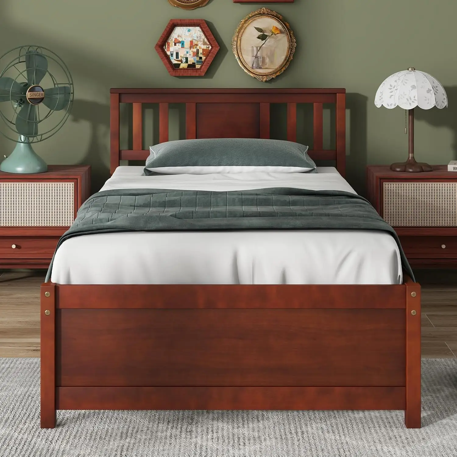 Wood Twin Bed Frames with Headboard, Mid Century Solid Wood Platform Bed with Wood Slat Support, Single Panel Bed