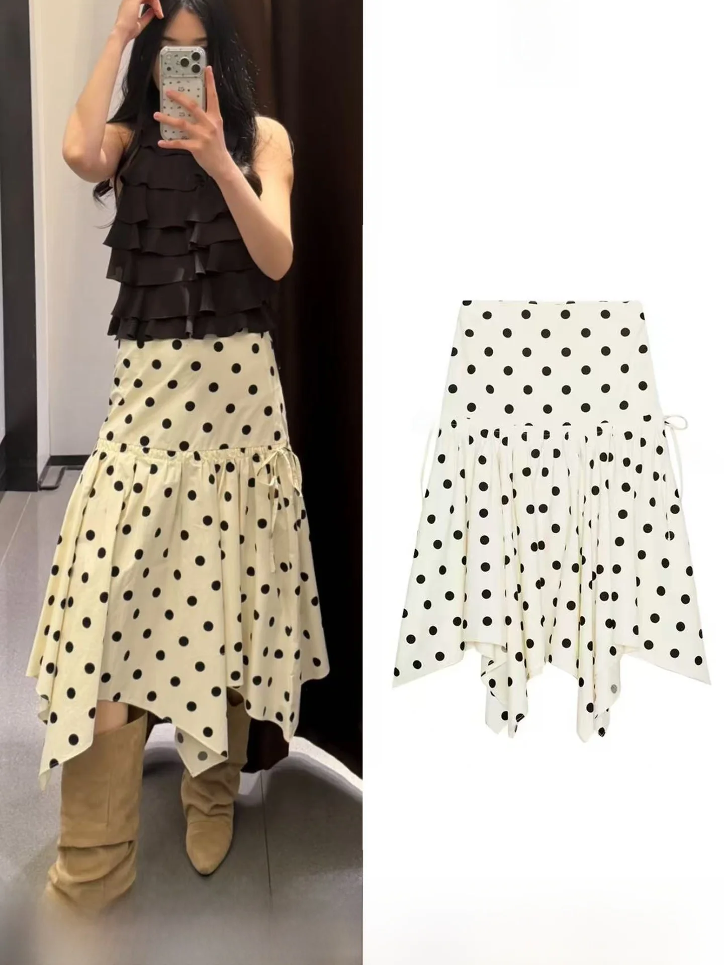 

Spring Summer Polka Dot A-Line Midi Skirt Women's High Waist Slim Fit Cake Skirt Asymmetrical Hemline Standard Fit