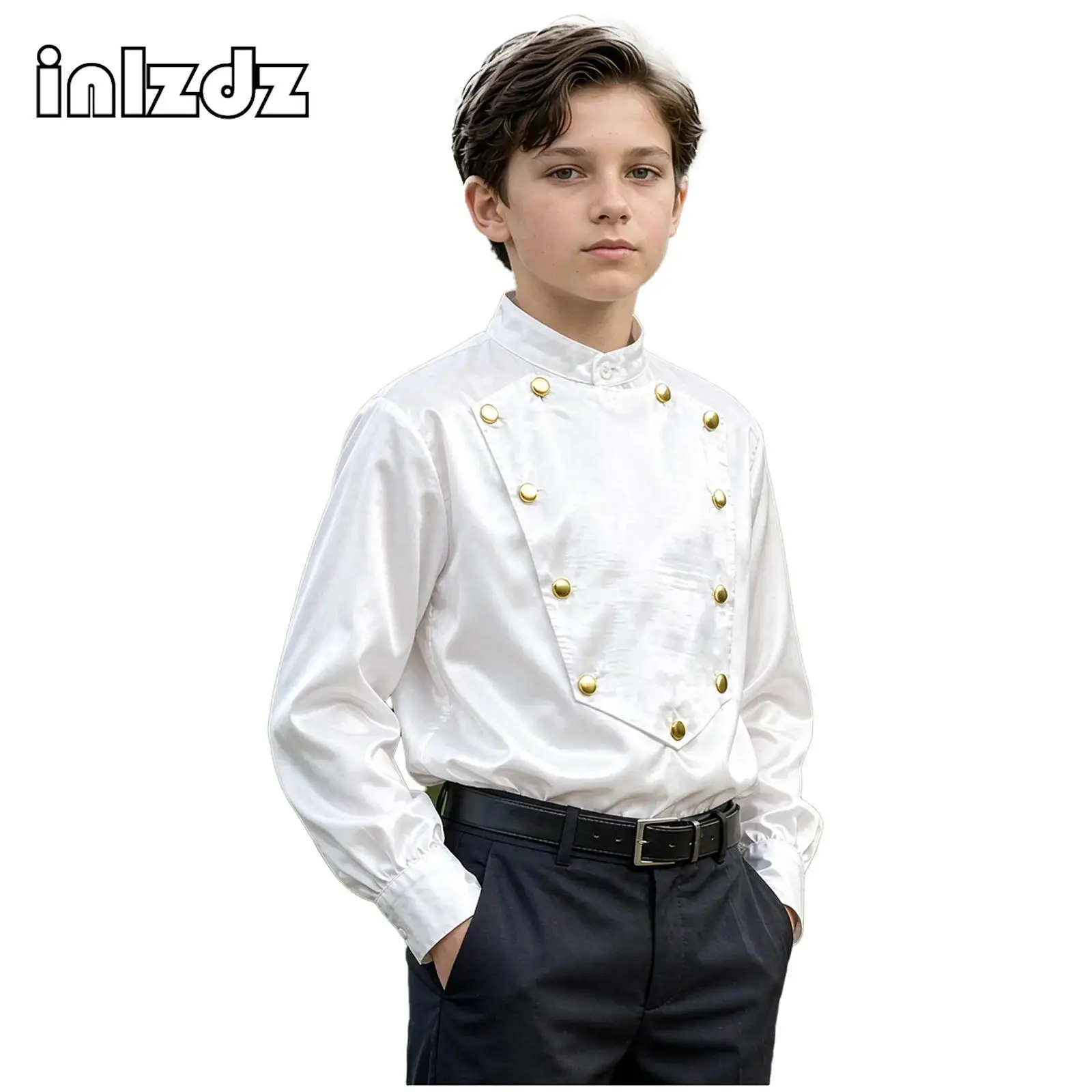 Boys Medieval Renaissance Vintage Satin Shirt Halloween Vampire Cosplay Costume Victorian Formal Party Long Sleeve Shirts Tops