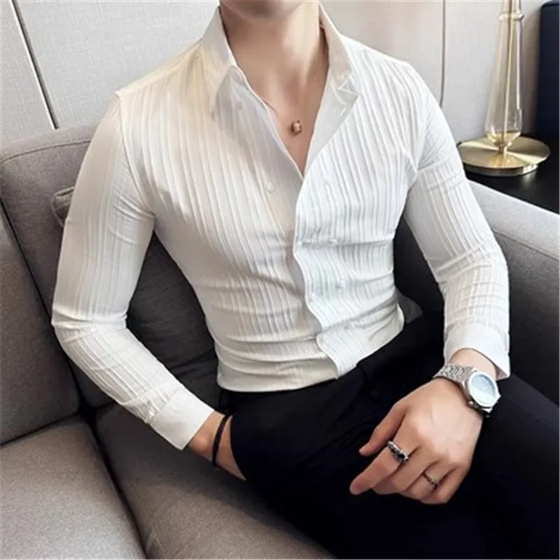 Camisa de negócios masculina, gola virada para baixo, manga comprida, blusas listradas grandes, trespassado duplo, roupas masculinas, design de luxo, 2023