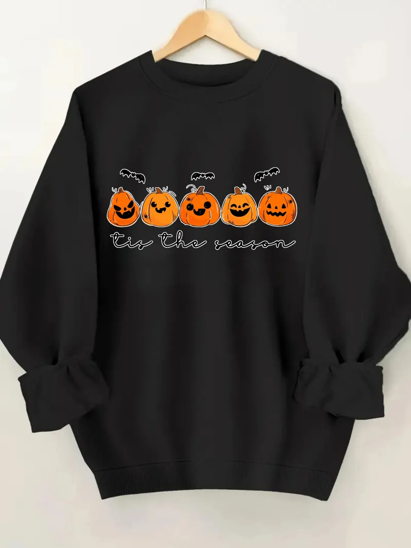 Women's Crewneck Pullover Sweatshirt Pumpkin Bat Season Design, Soft Casual Long Sleeve, Daily Casual Top Outfit, Winter Women's Clothing, Halloween Costume Outfit